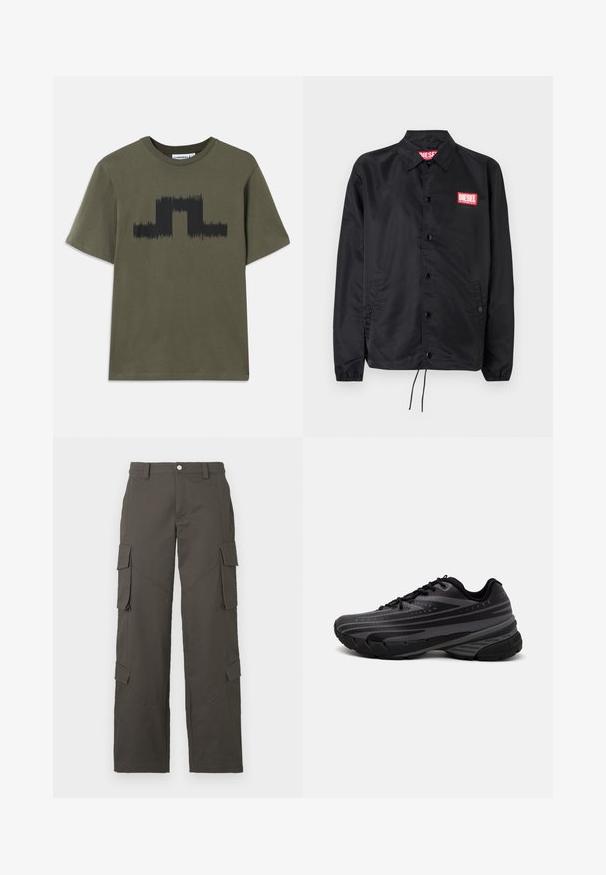 Črna jakna iz gladkega, lahkega materiala, z gumbnim zapiranjem, elastičnimi manšetami, stranskimi žepi in rdečim logotipom Diesel.; Temno olivno zelen bombažni T-majica s kratkimi rokavi, ki ima črn grafični valoviti vzorec čez prsa. Klasičen kroj z okroglo ovratnikom.; Temno sivi naravnost krojeni cargo hlače z gumbom in štirimi žepki s poklopcem, dvema na stegnih in dvema ob mečih.; Črne tekaške copate z teksturiranim zgornjim delom, ki ima sive črte. Debel podplat za blaženje udarcev, okrogla konica in ravne vezalke za varen oprijem.