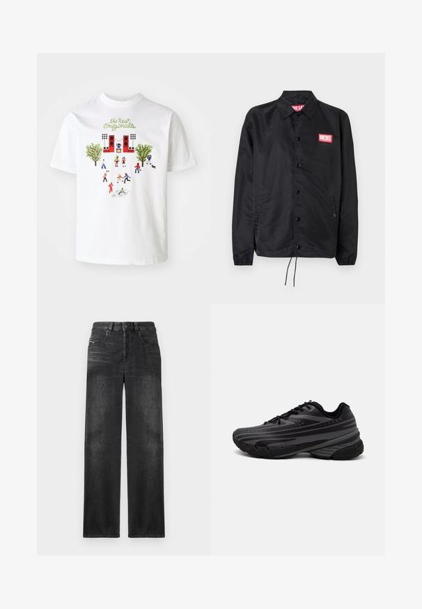 Crna jakna od glatkog, laganog materijala, s prednjim kopčanjem na dugmad, elastičnim manžetama, bočnim džepovima i crvenim Diesel logotipom.; Bijela pamučna majica s šarenim grafičkim prikazom ljudi, drveća i pozornice, s natpisom "novi originali" u zelenoj boji iznad dizajna.; Crne ravne traperice izrađene od denima, s pet džepova, petljama za remen i suptilnim izbljeđenjem na tkanini za teksturu.; Crna tenisica za trčanje s teksturiranim gornjim dijelom koji ima sive pruge. Debeli potplat za amortizaciju, okrugli vrh i ravne vezice za sigurno pristajanje.