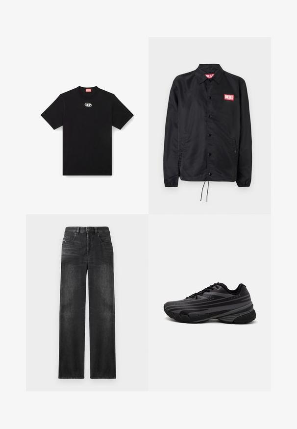 Črna jakna iz gladkega, lahkega materiala, z gumbnim zapiranjem, elastičnimi manšetami, stranskimi žepi in rdečim logotipom Diesel.; Črna bombažna majica s krožnim izrezom in kratkimi rokavi. Ima majhen srebrni logotip vezen na sredini spredaj.; Črne ravne kavbojke iz denima, ki imajo pet žepov, pasne zanke in subtilno zbledelost na tkanini za teksturo.; Črne tekaške copate z teksturiranim zgornjim delom, ki ima sive črte. Debel podplat za blaženje udarcev, okrogla konica in ravne vezalke za varen oprijem.