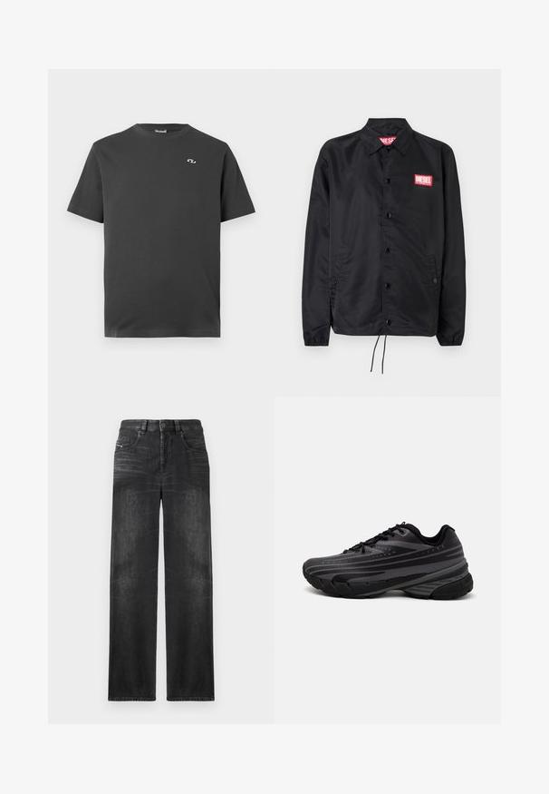 Melnā jaka no gludas, vieglas materiāla, ar pogu aizdari, elastīgām piedurknēm, sānu kabatām un sarkanu Diesel logo uzšuvumu.; Tumši pelēks īsām piedurknēm T-krekls, izgatavots no kokvilnas. Iekļaujapa apaļu dekoltē un nelielu baltu logo kreisajā krūšu daļā.; Melni taisni denim džinsi ar piecām kabatām, jostu cilpām un viegli izbalējušu audumu, kas piešķir struktūru.; Melnas skriešanas kurpes ar teksturētu virsu, kurai ir pelēkas svītras. Biezs zole nodrošina amortizāciju, apaļa purngalu un plakanas šņorītes, lai nodrošinātu drošu piegulšanu.