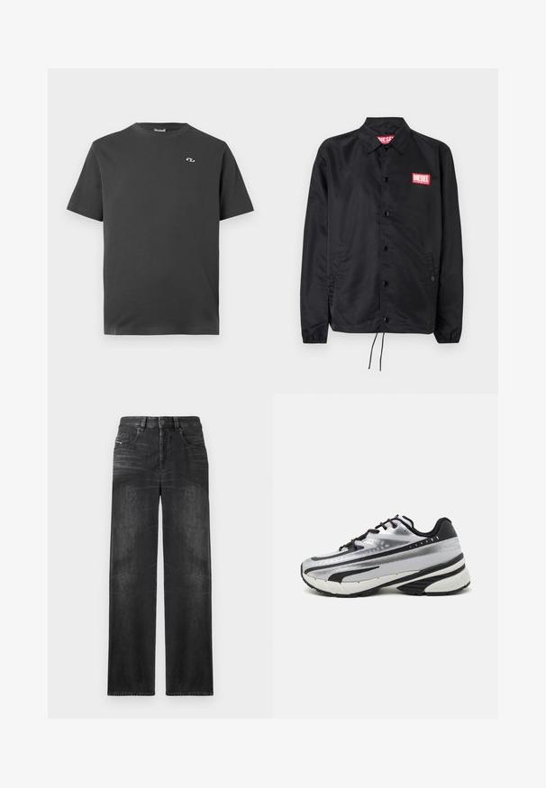 Černá bunda z hladkého, lehkého materiálu, s knoflíkovou přední částí, elastickými manžetami, bočními kapsami a červenou nášivkou Diesel logo.; Tmavě šedé tričko s krátkým rukávem vyrobené z bavlny. Má kulatý výstřih a malé bílé logo na levé části hrudi.; Černé džíny rovného střihu vyrobené z denimu, s pěti kapsami, poutky na opasek a jemným vyblednutím na látce pro texturu.; Běžecká obuv s vrchní částí z stříbrné síťoviny, černými akcenty a bílou podrážkou. Disponuje texturovaným vzorem a černými tkaničkami. Lehká a odpružená.