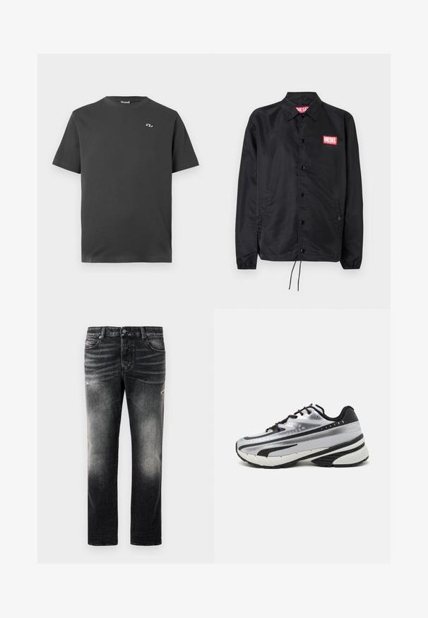 Jaqueta preta feita de material suave e leve, com fecho de botão na frente, punhos elásticos, bolsos laterais e um patch do logótipo vermelho da Diesel.; T-shirt de manga curta cinza escuro, feita de algodão. Apresenta um decote redondo e um pequeno logo branco na área do peito esquerdo.; Calças jeans pretas com acabamento desbotado e detalhes desgastados, design padrão de cinco bolsos e fecho com zip. Feitas de tecido denim.; Sapatilhas de corrida com um upper em malha prateada, detalhes em preto e sola branca. Apresenta um design texturizado e atacadores pretos. Leves e acolchoadas.