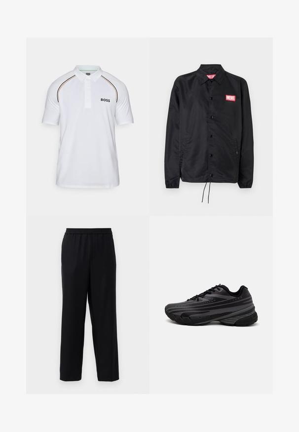 Svart jakke laget av glatt, lett materiale, med knappelukking, elastiske mansjetter, sidelommer og en rød Diesel-logo-patch.; Hvit polo-skjorte laget av glatt stoff. Har en knappestolpe, korte ermer og svart "BOSS"-logo på venstre bryst. Kontrasterende striper.; Svarte bukser med elastisk midje, rett ben-design og et glattere, lett stoff. Ingen synlige lommer eller mønstre.; Svarte joggesko med en teksturert overdel som har grå striper. Tykk såle for demping, rund tå og flate snører for en sikker passform.