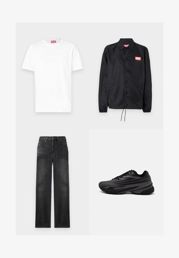 Must must, misasest kergest ja siledast materjalist, nupuvälinge, elastsete mansettide, küljetaskute ning punase Diesel logo plaastriga.; Valge lühikeste varrukatega ümara kaelusega T-särk, millel on rinnal reljeefne ovaalne logo ja krae sees punane Diesel'i brändisilt.; Mustad sirgedega teksad, millel on viis taskut, vööst sõlmimiskohad ja õrn kulumine kangas, andes tekstuuri.; Mustad musta jooksujalats, mille tekstureeritud ülemine osa on hallide triipudega. Paks tallaga mugavuse tagamiseks, ümar varvas ja tasased paelad kindla istuvuse saavutamiseks.