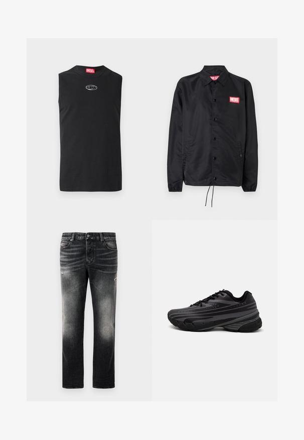 Jaqueta preta feita de material suave e leve, com fecho de botão na frente, punhos elásticos, bolsos laterais e um patch do logótipo vermelho da Diesel.; T-shirt preta sem mangas feita de algodão, com gola redonda e um logótipo prateado no peito. Design simples, sólido, sem padrões.; Calças jeans pretas com acabamento desbotado e detalhes desgastados, design padrão de cinco bolsos e fecho com zip. Feitas de tecido denim.; Shoe de corrida preta com um cabedal texturizado apresentando riscas cinzentas. Sola grossa para amortecimento, bico redondo e atacadores planos para um ajuste seguro.