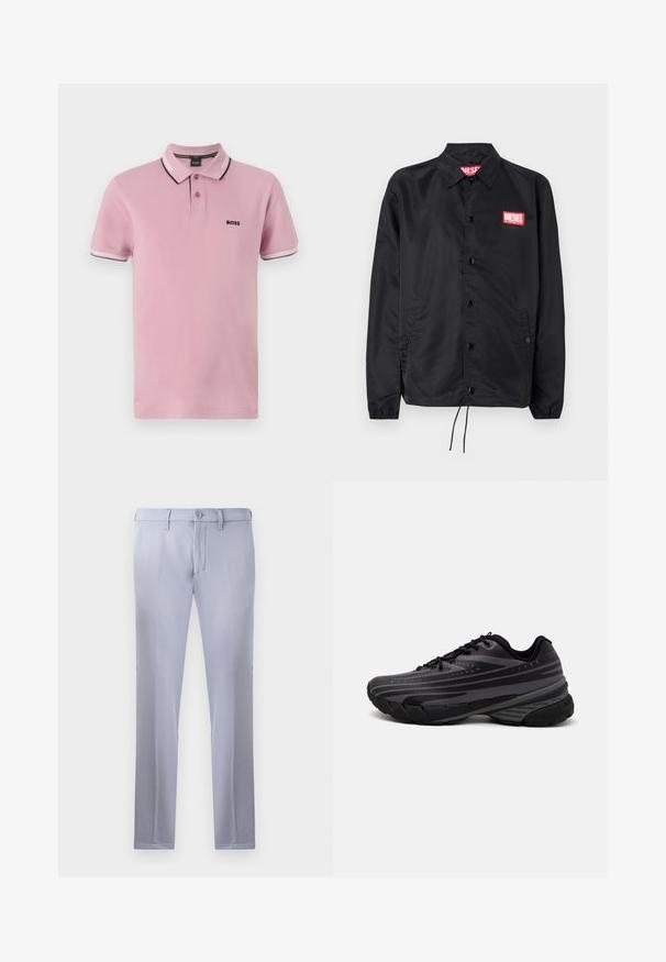 Czarna kurtka wykonana z gładkiego, lekkiego materiału, z przodem na guziki, elastycznymi mankietami, bocznymi kieszeniami i czerwoną naszywką z logo Diesel.; Koszulka polo w jasnoróżowym kolorze z bawełny, z klasycznym kołnierzykiem, zapięciem na trzy guziki oraz kontrastowymi białymi i ciemnymi paskami na mankietach.; Jasnoszare spodnie o dopasowanym kroju wykonane z gładkiego materiału, z zapięciem na guzik, szlufkami na pasek oraz prostymi nogawkami. Brak widocznych kieszeni.; Czarna biegowa obuwie z teksturowaną cholewką z szarymi paskami. Gruba podeszwa dla amortyzacji, okrągły czubek i płaskie sznurowadła zapewniające pewne dopasowanie.