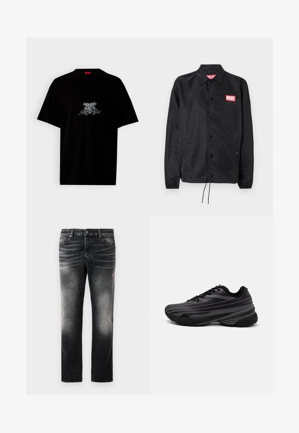 Crna jakna od glatkog, laganog materijala, s prednjim kopčanjem na dugmad, elastičnim manžetama, bočnim džepovima i crvenim Diesel logotipom.; Crni pamučni majica s okruglim izrezom, kratkim rukavima i prednjim grafičkim dizajnom u srebrnoj boji s cvjetnim i simboličnim detaljima.; Crne traperice s izblijedjelim finišom i istrošenim detaljima, standardnim dizajnom s pet džepova i zatvaračem. Izrađene od traper tkanine.; Crna tenisica za trčanje s teksturiranim gornjim dijelom koji ima sive pruge. Debeli potplat za amortizaciju, okrugli vrh i ravne vezice za sigurno pristajanje.