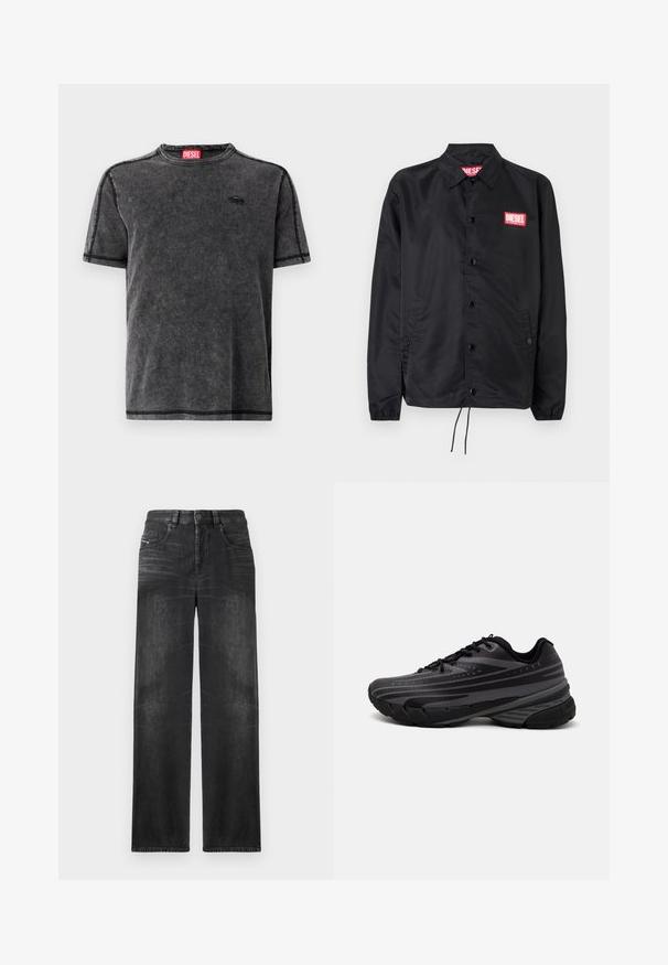 Juoda striukė, pagaminta iš lygaus, lengvo medžiagų, su mygtukų priekyje, elastinėmis rankovėmis, šoninėmis kišenėmis ir raudonu "Diesel" logotipo ženkleliu.; Juodas vintage stiliaus marškinėliai, pagaminti iš švelnios medžiagos, su apvalia iškirpte, trumpomis rankovėmis, kontrastingomis siūlėmis ir mažos logotipo etiketės detalėmis.; Juodos tiesios kojų džinsai, pagaminti iš džinsinio audinio, su penkiomis kišenėmis, diržo kilpomis ir švelniu audinio blukimu, kuris suteikia tekstūrą.; Juodas bėgimo batelis su tekstūruotu viršumi, kuriame yra pilkos juostos. Storas padas amortizacijai, apvalus pirštas ir plokščios raištelės tvirtam prigludimui.