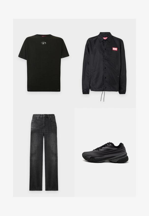 Musta takki, joka on valmistettu sileästä, kevyestä materiaalista. Takissa on nappiaukko, joustavat hihansuut, sivutaskut ja punainen Diesel-logo-patch.; Mustavillainen puuvillapaita, jossa on lyhyet hihat, pyöreä kaula-aukko ja pieni metallinen logo rinnassa. Sileä kangas ja suora leikkaus.; Mustat suoralahkeiset farkut, jotka on valmistettu denimestä, viidellä taskulla, vyölenkeillä ja ohenneilla alueilla kankaan rakenteen vuoksi.; Mustat juoksukengät, joissa on tekstuuri päällä ja harmaat raidat. Paksu pohja pehmustetta varten, pyöreä varvasosa ja tasaiset nauhat turvallista istuvuutta varten.