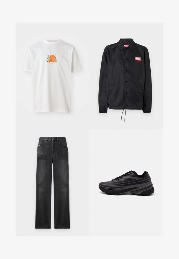 Černá bunda z hladkého, lehkého materiálu, s knoflíkovou přední částí, elastickými manžetami, bočními kapsami a červenou nášivkou Diesel logo.; Bílá bavlněná tričko s kulatým výstřihem. Na přední straně je oranžová kreslená postavička obklopená květinami a textem v růžové barvě.; Černé džíny rovného střihu vyrobené z denimu, s pěti kapsami, poutky na opasek a jemným vyblednutím na látce pro texturu.; Černá běžecká bota s texturovaným svrškem zdobeným šedými pruhy. Silná podešev pro odpružení, kulatá špička a ploché tkaničky pro bezpečné uchycení.
