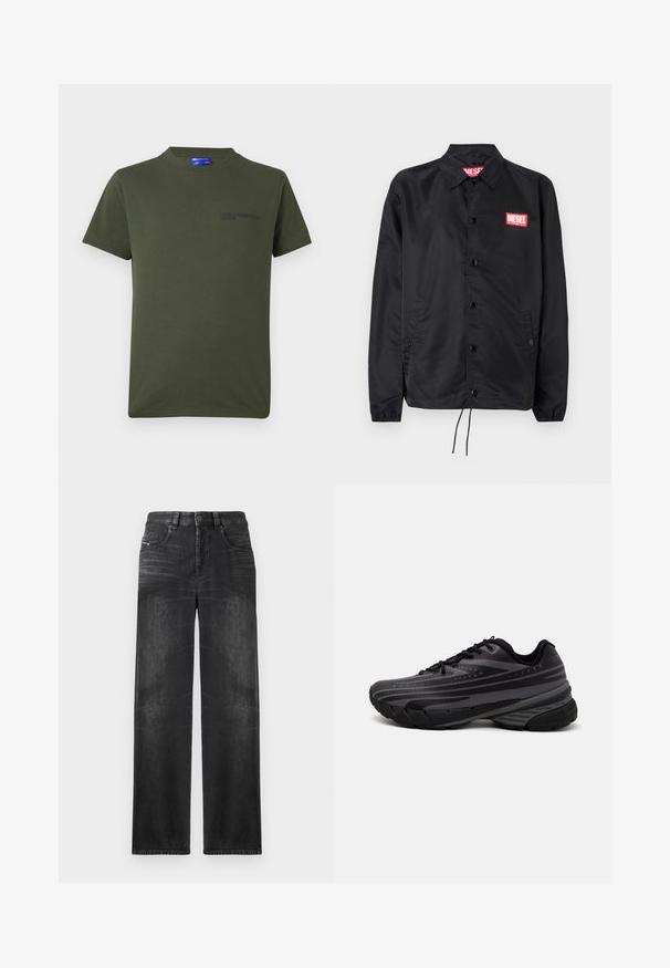 Must must, misasest kergest ja siledast materjalist, nupuvälinge, elastsete mansettide, küljetaskute ning punase Diesel logo plaastriga.; Olive rohelise puuvillane t-särk lühikeste varrukatega, ümmarguse kaelusega ning väikese tumeda trükitud logoga vasakul rinnapiiril. Lihtne disain.; Mustad sirgedega teksad, millel on viis taskut, vööst sõlmimiskohad ja õrn kulumine kangas, andes tekstuuri.; Mustad musta jooksujalats, mille tekstureeritud ülemine osa on hallide triipudega. Paks tallaga mugavuse tagamiseks, ümar varvas ja tasased paelad kindla istuvuse saavutamiseks.