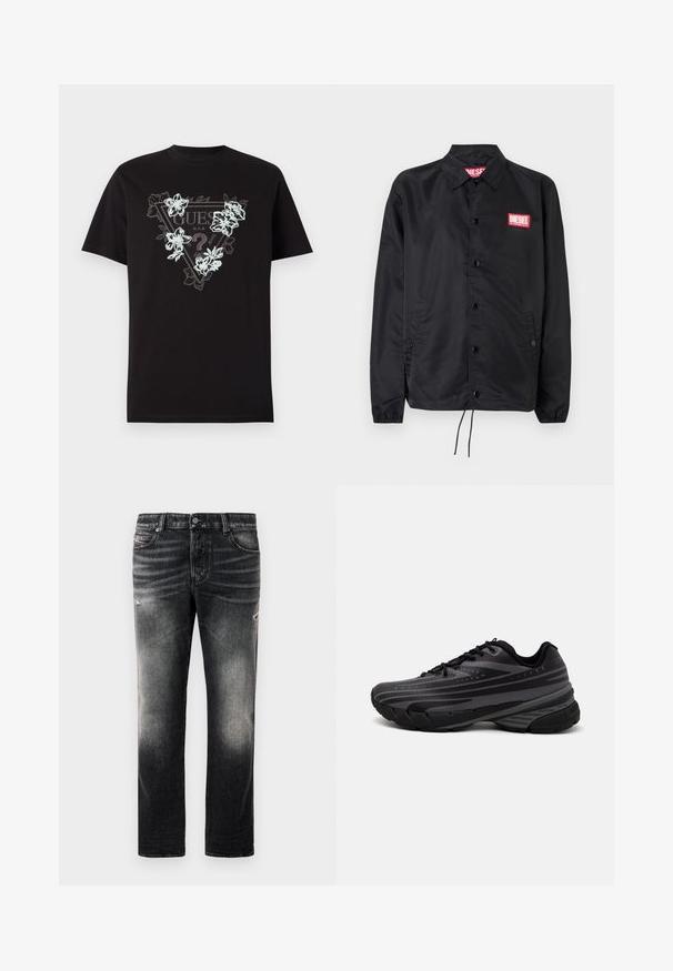Zwarte jack van soepel, lichtgewicht materiaal, met een knoopsluiting, elastische manchetten, zijzakken en een rood Diesel logo patch.; Zwarte katoenen t-shirt met een driehoekig logo met een bloemontwerp in lichtblauw en wit. Korte mouwen en een normale pasvorm.; Zwarte jeans met een vervaagde afwerking en versleten accenten, standaard vijf-pocket ontwerp en een ritssluiting. Gemaakt van denimstof.; Zwarte hardloopschoen met een gestructureerde bovenkant met grijze strepen. Dikke zool voor demping, ronde neus en platte veters voor een veilige pasvorm.