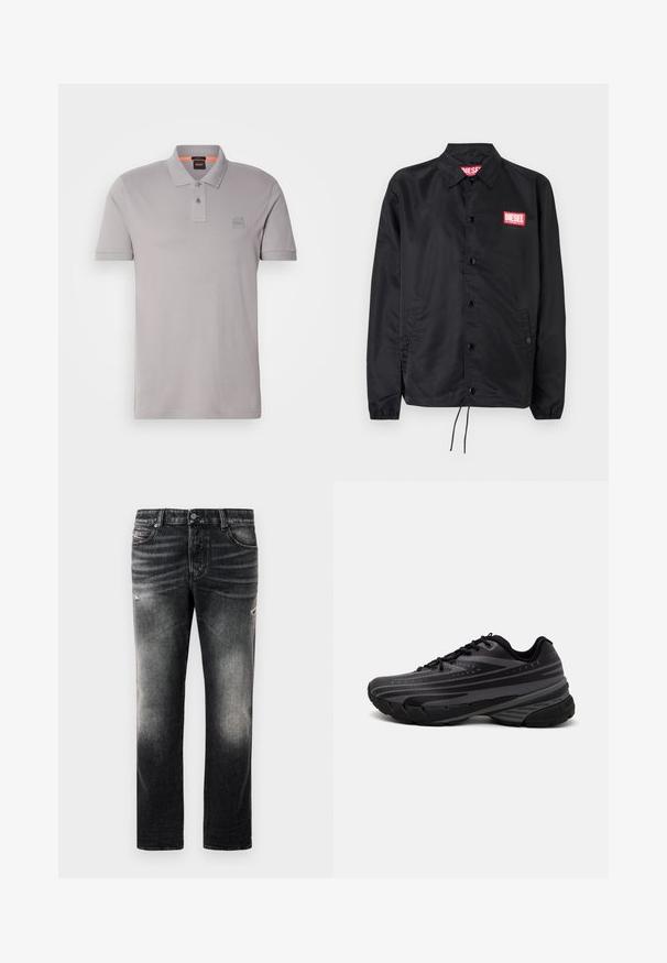 Fekete dzseki sima, könnyű anyagból, gombos elülső résszel, rugalmas mandzsettákkal, oldalsó zsebekkel és egy piros Diesel logós folttal.; Szürke pamut póló, klasszikus gallérral, két gombos sliccel, rövid ujjakkal és diszkrét logóval a mellrészen.; Fekete farmernadrág, amely elhasználódott hatású és kopott részletekkel rendelkezik, klasszikus öt zsebes dizájnnal és cipzáras záródással. Denim anyagból készült.; Fekete futócipő texturált felsőrésszel, szürke csíkokkal. Vastag talp a párnázottságért, kerek orr, és lapos fűzők a biztos illeszkedés érdekében.