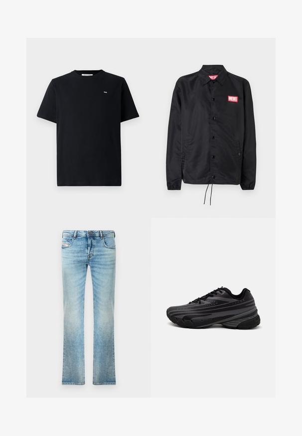 Jaqueta preta feita de material suave e leve, com fecho de botão na frente, punhos elásticos, bolsos laterais e um patch do logótipo vermelho da Diesel.; T-shirt de algodão preto com gola redonda, mangas curtas e um pequeno logotipo branco no peito. Ajuste regular com uma textura suave.; Botas de ganga azul claro com corte reto, design de cinco bolsos e ligeira descoloração. Inclui fecho de botão metálico e zip.; Shoe de corrida preta com um cabedal texturizado apresentando riscas cinzentas. Sola grossa para amortecimento, bico redondo e atacadores planos para um ajuste seguro.