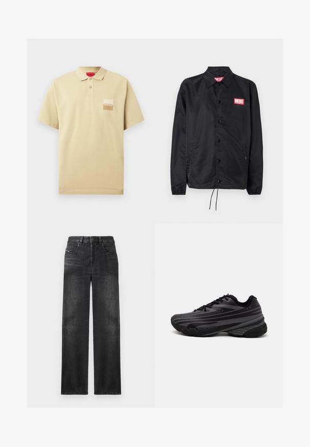 Juoda striukė, pagaminta iš lygaus, lengvo medžiagų, su mygtukų priekyje, elastinėmis rankovėmis, šoninėmis kišenėmis ir raudonu "Diesel" logotipo ženkleliu.; Bežinis polo marškinėliai, pagaminti iš medvilnės, su trimis mygtukais, trumpomis rankovėmis ir logotipo pleistru kreminės ir rudos spalvos ant kairiojo krūtinės.; Juodos tiesios kojų džinsai, pagaminti iš džinsinio audinio, su penkiomis kišenėmis, diržo kilpomis ir švelniu audinio blukimu, kuris suteikia tekstūrą.; Juodas bėgimo batelis su tekstūruotu viršumi, kuriame yra pilkos juostos. Storas padas amortizacijai, apvalus pirštas ir plokščios raištelės tvirtam prigludimui.