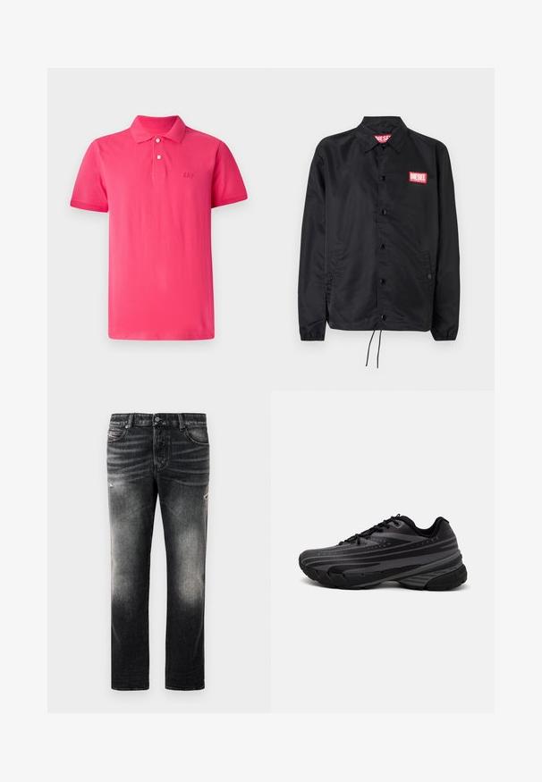 Giacca nera realizzata in materiale liscio e leggero, con chiusura a bottoni, polsini elasticizzati, tasche laterali e una patch con il logo rosso Diesel.; Polo shirt rosa brillante realizzato in cotone, con colletto classico, patta con tre bottoni e il logo 'GAP' ricamato sul petto.; Jeans neri con una finitura sbiadita e dettagli strappati, design standard a cinque tasche e chiusura con zip. Realizzati in tessuto denim.; Scarpa da corsa nera con un upper testurizzato e strisce grigie. Suola spessa per un'ammortizzazione ottimale, punta rotonda e lacci piatti per una vestibilità sicura.