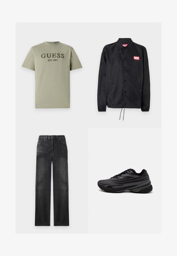 Crna jakna od glatkog, laganog materijala, s prednjim kopčanjem na dugmad, elastičnim manžetama, bočnim džepovima i crvenim Diesel logotipom.; Maslinasto zelena pamučna majica s okruglim izrezom i kratkim rukavima, s izvezenim natpisom "GUESS EST. 1981" u tamnozelenoj boji preko prsa.; Crne ravne traperice izrađene od denima, s pet džepova, petljama za remen i suptilnim izbljeđenjem na tkanini za teksturu.; Crna tenisica za trčanje s teksturiranim gornjim dijelom koji ima sive pruge. Debeli potplat za amortizaciju, okrugli vrh i ravne vezice za sigurno pristajanje.
