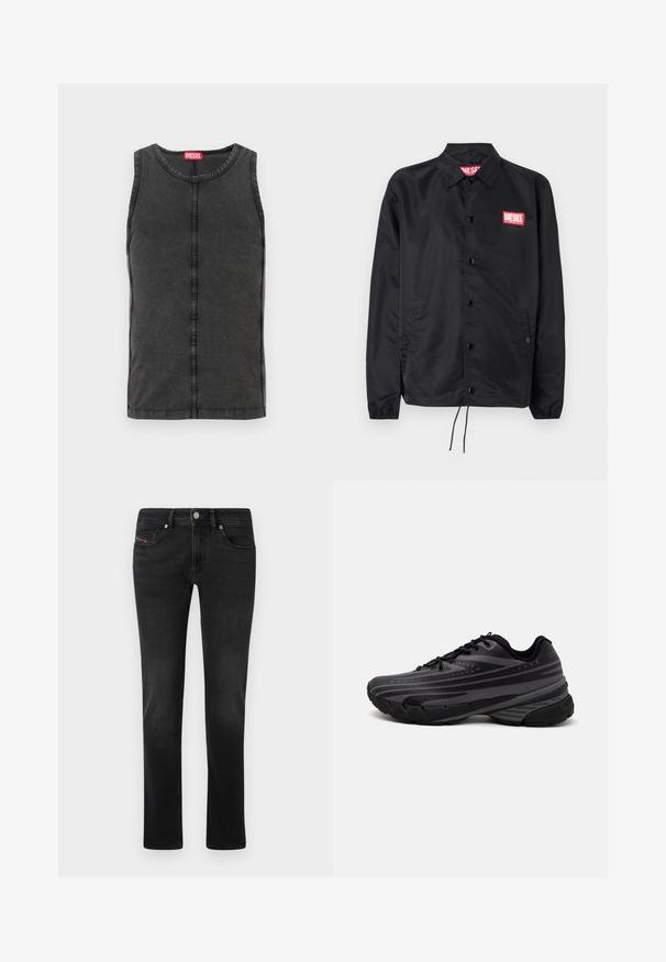 Must must, misasest kergest ja siledast materjalist, nupuvälinge, elastsete mansettide, küljetaskute ning punase Diesel logo plaastriga.; Ilma varrukat must denimist kampsik, ümara kaelusega, nähtavate õmbluste detailidega ja punase brändimärgiga krael.; Mustadest denimist valmistatud sirge jala disainiga teksad, mis sisaldavad ees- ja tagataskuid, kerget kulumist ning metallist nööbi sulgemist.; Mustad musta jooksujalats, mille tekstureeritud ülemine osa on hallide triipudega. Paks tallaga mugavuse tagamiseks, ümar varvas ja tasased paelad kindla istuvuse saavutamiseks.