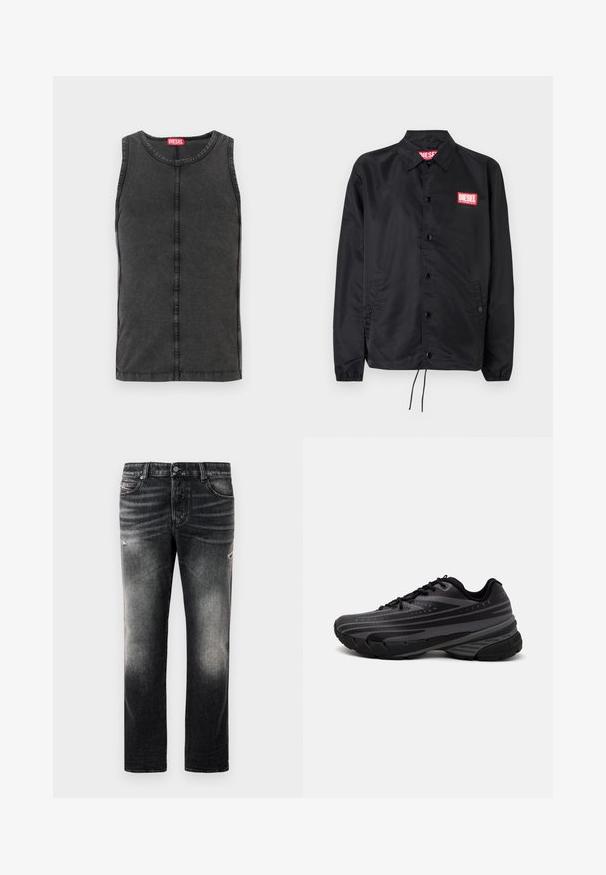 Zwarte jack van soepel, lichtgewicht materiaal, met een knoopsluiting, elastische manchetten, zijzakken en een rood Diesel logo patch.; Mouwloze zwarte denim tanktop met een ronde halslijn, opvallende naden en een rode merketiket op de kraag.; Zwarte jeans met een vervaagde afwerking en versleten accenten, standaard vijf-pocket ontwerp en een ritssluiting. Gemaakt van denimstof.; Zwarte hardloopschoen met een gestructureerde bovenkant met grijze strepen. Dikke zool voor demping, ronde neus en platte veters voor een veilige pasvorm.
