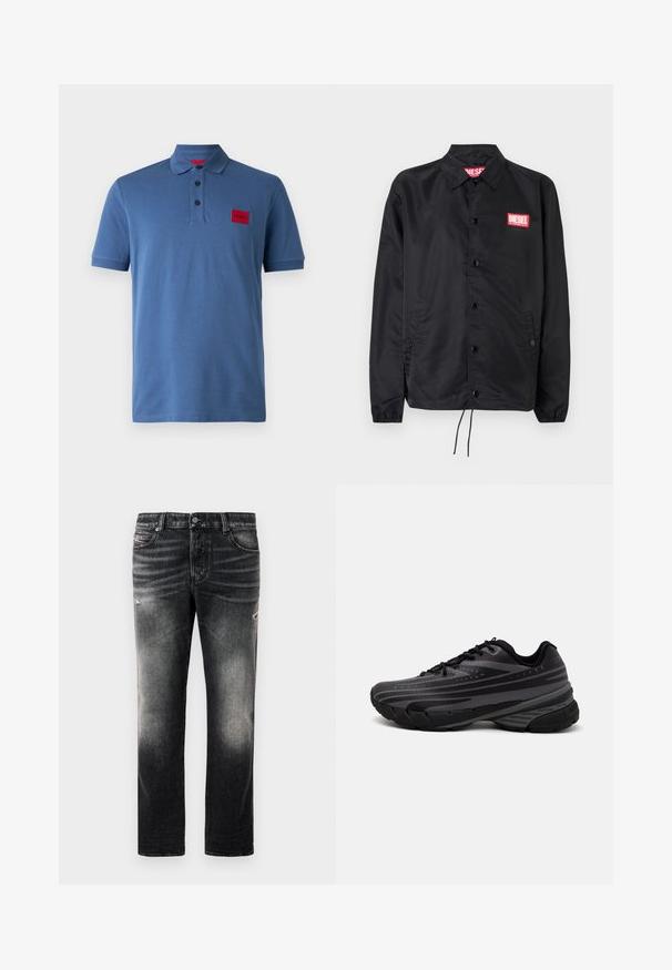 Črna jakna iz gladkega, lahkega materiala, z gumbnim zapiranjem, elastičnimi manšetami, stranskimi žepi in rdečim logotipom Diesel.; Modra polo majica iz gladkega materiala. Ima ovratnik, zapenjanje na tri gumbe in rdeč logotip na levi strani prsnega koša. Kratke rokave.; Črne kavbojke z blagim oljčnim opravkom in raztrganimi detajli, standardnim petimi žepi in zapiranjem na zadrgo. Narejene so iz denim tkanine.; Črne tekaške copate z teksturiranim zgornjim delom, ki ima sive črte. Debel podplat za blaženje udarcev, okrogla konica in ravne vezalke za varen oprijem.