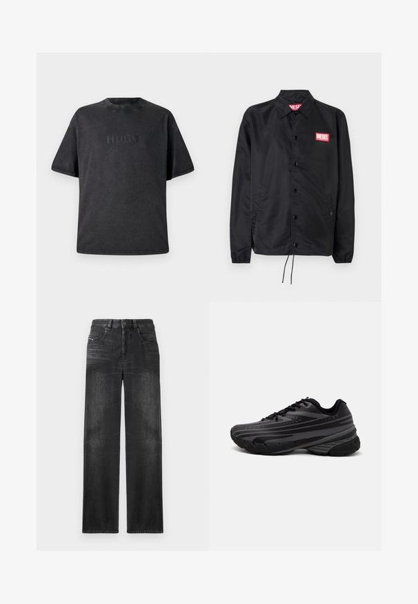 Melnā jaka no gludas, vieglas materiāla, ar pogu aizdari, elastīgām piedurknēm, sānu kabatām un sarkanu Diesel logo uzšuvumu.; Melnā īsām piedurknēm t-krekls izgatavots no kokvilnas ar apaļu kakla izgriezumu. Priekšpusē ir iespiests "HUGO" logo. Gluda faktūra ar šuvju detaļām.; Melni taisni denim džinsi ar piecām kabatām, jostu cilpām un viegli izbalējušu audumu, kas piešķir struktūru.; Melnas skriešanas kurpes ar teksturētu virsu, kurai ir pelēkas svītras. Biezs zole nodrošina amortizāciju, apaļa purngalu un plakanas šņorītes, lai nodrošinātu drošu piegulšanu.