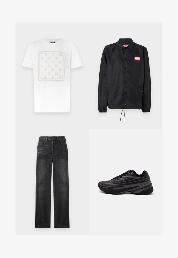 Crna jakna od glatkog, laganog materijala, s prednjim kopčanjem na dugmad, elastičnim manžetama, bočnim džepovima i crvenim Diesel logotipom.; Bijela pamučna majica s velikim, suptilnim kvadratnim uzorkom u svijetlo bež boji s zaobljenim oblicima i naglascima, završena s okruglim izrezom.; Crne ravne traperice izrađene od denima, s pet džepova, petljama za remen i suptilnim izbljeđenjem na tkanini za teksturu.; Crna tenisica za trčanje s teksturiranim gornjim dijelom koji ima sive pruge. Debeli potplat za amortizaciju, okrugli vrh i ravne vezice za sigurno pristajanje.