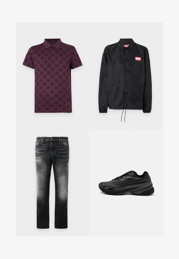 Black jacket made of smooth, lightweight material, featuring a button front, elastic cuffs, side pockets, and a red Diesel logo patch.; Burgundy polo shirt with a textured pattern of circular motifs, a classic collar, and two-button placket; short sleeves.; Black jeans featuring a faded finish with distressed accents, standard five-pocket design, and a zip-fly closure. Made of denim fabric.; Black running shoe with a textured upper featuring gray stripes. Thick sole for cushioning, round toe, and flat laces for secure fit.