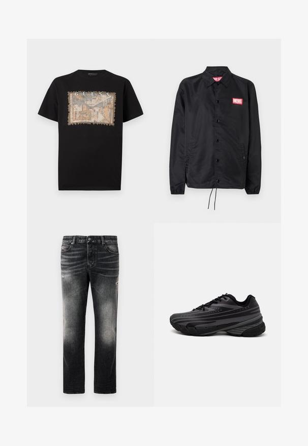 Chaqueta negra hecha de un material suave y ligero, con cierre de botones en el frente, puños elásticos, bolsillos laterales y un parche con el logo rojo de Diesel.; Camiseta de algodón negra con un estampado gráfico rectangular texturizado en beige y azul, con el texto "GUESS" y "LOS ANGELES" en blanco en negrita.; Jeans negros con acabado desgastado y toques rasgados, diseño estándar de cinco bolsillos y cierre con cremallera. Elaborados en tela de denim.; Zapatilla de running negra con parte superior texturizada que presenta franjas grises. Suela gruesa para amortiguación, puntera redonda y cordones planos para un ajuste seguro.