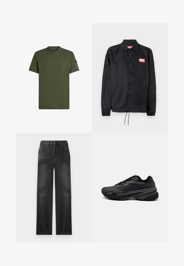 Čierna bunda vyrobená z hladkého, ľahkého materiálu, s predným zapínaním na gombíky, elastickými manžetami, bočnými vreckami a červeným logom Diesel na nášivke.; Olívovo zelené tričko s krátkym rukávom vyrobené z bavlny. Má okrúhly výstrih a malú čiernu nášivku na ľavom rukáve. Hladký povrch.; Čierne rovné džínsy z denimu, s piatimi vreckami, pútkami na opasok a jemným vyblednutím na látke pre textúru.; Čierna bežecká obuv s textúrovaným zvrškom, ktorý má šedé pruhy. Hrubá podrážka pre odpruženie, okrúly špička a ploché šnúrky na bezpečné uchytenie.