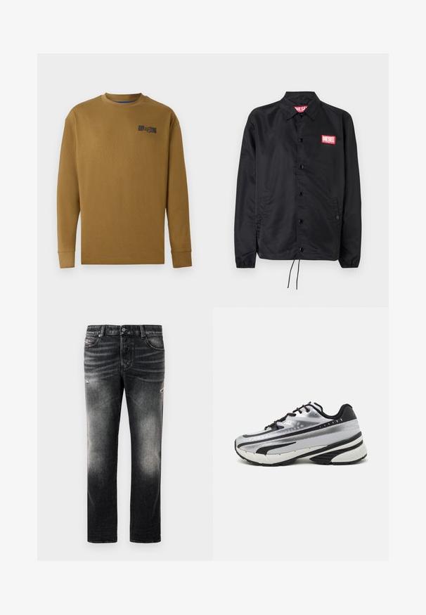 Czarna kurtka wykonana z gładkiego, lekkiego materiału, z przodem na guziki, elastycznymi mankietami, bocznymi kieszeniami i czerwoną naszywką z logo Diesel.; T-shirt z długim rękawem i okrągłym dekoltem w brązowym kolorze z bawełny. Oferuje czarne logo na lewej piersi oraz ściągacze przy rękawach. Gładka faktura, regularny krój.; Czarne dżinsy z wypłowiałym wykończeniem i przetarciami, standardowy pięciokieszeniowy fason oraz zamek błyskawiczny. Wykonane z materiału dżinsowego.; Buty biegowe z siateczkową cholewką w kolorze srebrnym, czarnymi akcentami i białą podeszwą. Posiadają fakturowany wzór oraz czarne sznurówki. Lekkie i amortyzowane.