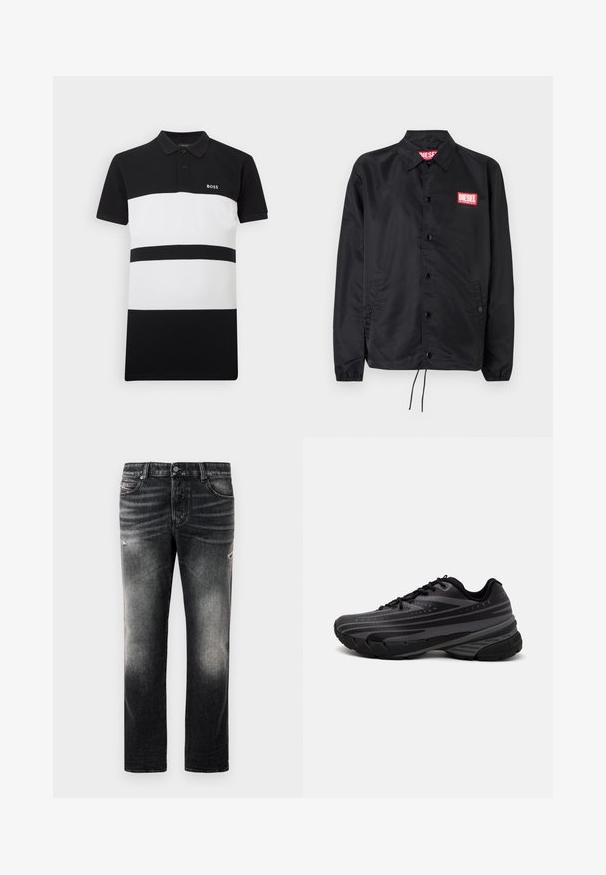 Čierna bunda vyrobená z hladkého, ľahkého materiálu, s predným zapínaním na gombíky, elastickými manžetami, bočnými vreckami a červeným logom Diesel na nášivke.; Polo tričko s čiernobielym pruhovaním a golierom, ktoré má dva veľké horizontálne pruhy a malú vyšívanú nášivku na hrudi.; Čierne džínsy s vyblednutým povrchom a poškodenými detailmi, štandardný dizajn s piatimi vreckami a zapínaním na zips. Vyrobené z denimovej látky.; Čierna bežecká obuv s textúrovaným zvrškom, ktorý má šedé pruhy. Hrubá podrážka pre odpruženie, okrúly špička a ploché šnúrky na bezpečné uchytenie.