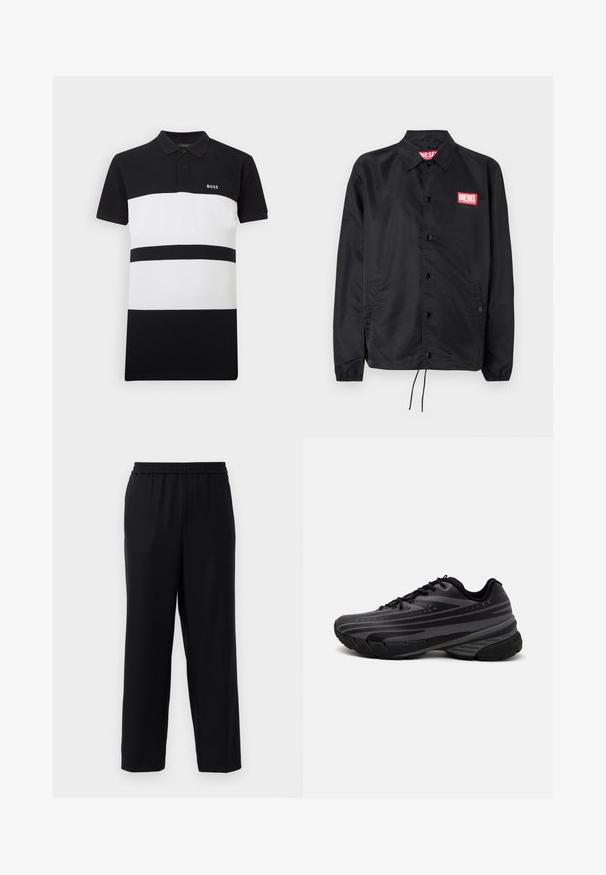 Sort jakke lavet af glat, let materiale, med knaplukning fortil, elastiske manchetter, sidelommer og et rødt Diesel-logo patch.; Sort og hvidstribet polo-shirt med krave, der har to store vandrette striber og et lille broderet logo på brystet.; Sorte bukser med elastisk talje, lige ben-design og et glat, let stof. Ingen synlige lommer eller mønstre.; Sort løbesko med en struktureret overdel og grå striber. Tykk sål for støddæmpning, rund tå og flade snørebånd for et sikkert fit.