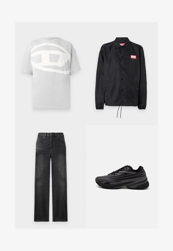 Černá bunda z hladkého, lehkého materiálu, s knoflíkovou přední částí, elastickými manžetami, bočními kapsami a červenou nášivkou Diesel logo.; Šedé bavlněné tričko s velkým abstraktním bílým logem na přední straně. Krátké rukávy a kulatý výstřih. Hladká текстura.; Černé džíny rovného střihu vyrobené z denimu, s pěti kapsami, poutky na opasek a jemným vyblednutím na látce pro texturu.; Černá běžecká bota s texturovaným svrškem zdobeným šedými pruhy. Silná podešev pro odpružení, kulatá špička a ploché tkaničky pro bezpečné uchycení.