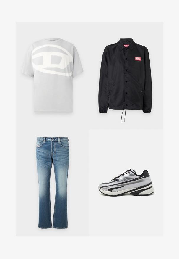 Juoda striukė, pagaminta iš lygaus, lengvo medžiagų, su mygtukų priekyje, elastinėmis rankovėmis, šoninėmis kišenėmis ir raudonu "Diesel" logotipo ženkleliu.; Pilkas medvilnės marškinėliai su dideliu, abstrakčiu baltu logotipo dizainu priekyje. Trumpomis rankovėmis ir apvali iškirptė. Sklandi tekstūra.; Mėlynos džinsinės kelnės su išsiplečiančiu dizainu, su išblukusiu plaunu, penkiomis kišenėmis ir kontrastinga siūle. Mygtukų uždarymas ties juosmeniu.; Bėgimo bateliai su sidabriniu tinkliniu viršumi, juodais akcentais ir balta padu. Pasižymi tekstūruotu dizainu ir juodais raišteliais. Lengvi ir paminkštinti.