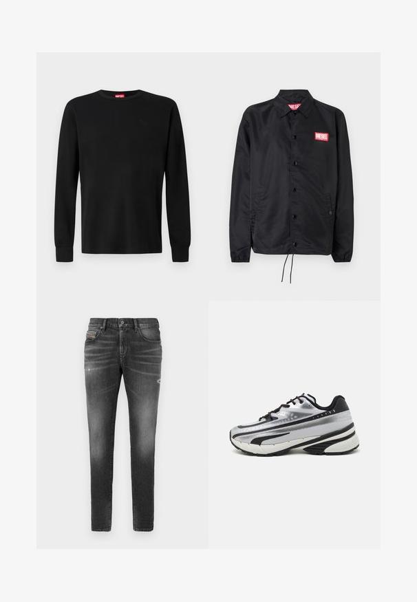 Fekete dzseki sima, könnyű anyagból, gombos elülső résszel, rugalmas mandzsettákkal, oldalsó zsebekkel és egy piros Diesel logós folttal.; Fekete, hosszú ujjú póló, puha anyagból készült, kerek nyakkivágással és finom fekete logóval a mellrészen. Egyszerű dizájn, normál fazon.; Szürke farmernadrág, slim fit szabású, enyhe kopásokkal, megviselt részletekkel és hagyományos gombos záródással.; Futócipő ezüst hálós felsőrésszel, fekete részletekkel és fehér talppal. Texturált mintázattal és fekete fűzővel rendelkezik. Könnyű és párnázott.