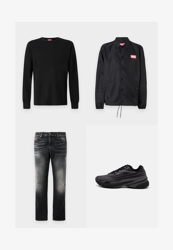 Black jacket made of smooth, lightweight material, featuring a button front, elastic cuffs, side pockets, and a red Diesel logo patch.; Black long-sleeve t-shirt made of soft fabric, featuring a round neckline and a subtle logo in black on the chest. Plain design, regular fit.; Black jeans featuring a faded finish with distressed accents, standard five-pocket design, and a zip-fly closure. Made of denim fabric.; Black running shoe with a textured upper featuring gray stripes. Thick sole for cushioning, round toe, and flat laces for secure fit.