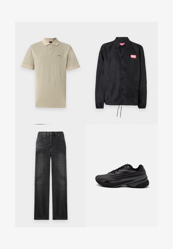 Jaqueta preta feita de material suave e leve, com fecho de botão na frente, punhos elásticos, bolsos laterais e um patch do logótipo vermelho da Diesel.; Polo bege feito de algodão com colarinho e punhos de mangas contrastantes. Apresenta um logo verde "BOSS" no lado esquerdo do peito.; Calças de ganga de perna reta pretas, com cinco bolsos, passadores de cinto e um leve desbotado no tecido para textura.; Shoe de corrida preta com um cabedal texturizado apresentando riscas cinzentas. Sola grossa para amortecimento, bico redondo e atacadores planos para um ajuste seguro.