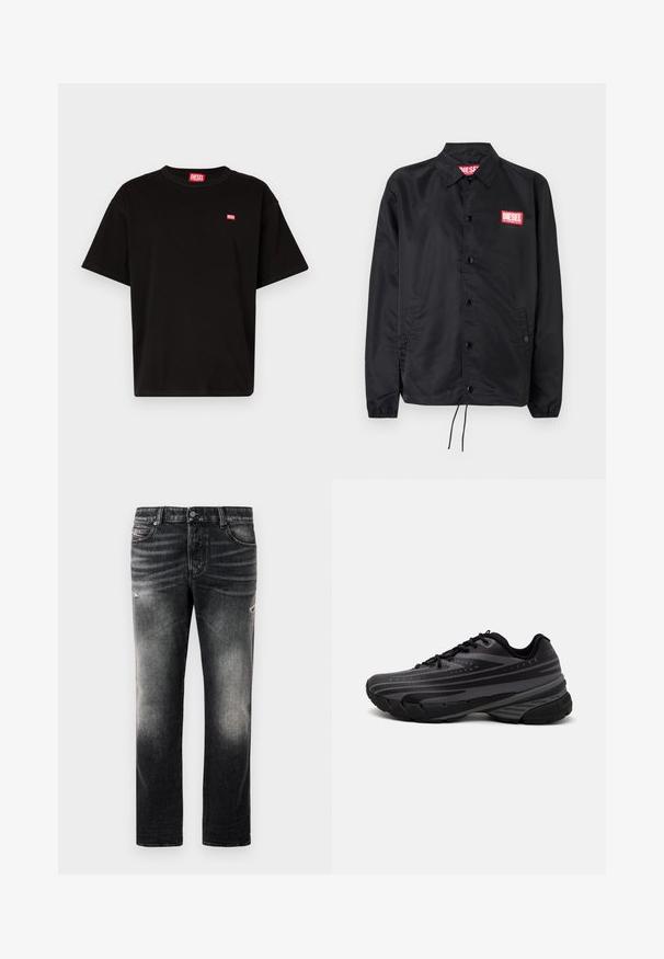 Juoda striukė, pagaminta iš lygaus, lengvo medžiagų, su mygtukų priekyje, elastinėmis rankovėmis, šoninėmis kišenėmis ir raudonu "Diesel" logotipo ženkleliu.; Juoda medvilnės marškinėliai su apvalia iškirpte, trumpomis rankovėmis ir mažuoju raudonu "Diesel" logotipu krūtinėje. Tiesus apdailos kraštas, minimalistiškas dizainas.; Juodi džinsai su išblukusiu pabaiga ir nusidėvėję akcentai, standartinis penkių kišenių dizainas ir užtrauktuko uždarymas. Pagaminti iš džinsinio audinio.; Juodas bėgimo batelis su tekstūruotu viršumi, kuriame yra pilkos juostos. Storas padas amortizacijai, apvalus pirštas ir plokščios raištelės tvirtam prigludimui.