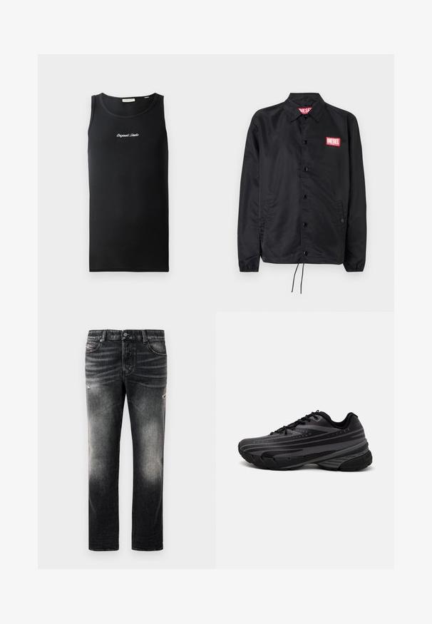 Juoda striukė, pagaminta iš lygaus, lengvo medžiagų, su mygtukų priekyje, elastinėmis rankovėmis, šoninėmis kišenėmis ir raudonu "Diesel" logotipo ženkleliu.; Juodas marškinėlis be rankovių iš raukšlėtos medžiagos. turi apvalų iškirpimą ir mažą baltą „Originals Studio“ logotipą ant krūtinės.; Juodi džinsai su išblukusiu pabaiga ir nusidėvėję akcentai, standartinis penkių kišenių dizainas ir užtrauktuko uždarymas. Pagaminti iš džinsinio audinio.; Juodas bėgimo batelis su tekstūruotu viršumi, kuriame yra pilkos juostos. Storas padas amortizacijai, apvalus pirštas ir plokščios raištelės tvirtam prigludimui.