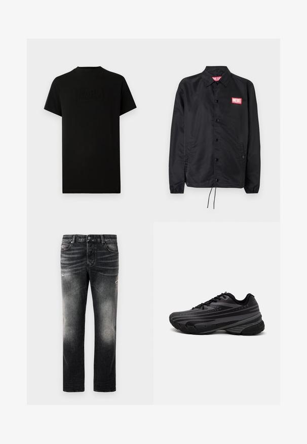 Svart jakke laget av glatt, lett materiale, med knappelukking, elastiske mansjetter, sidelommer og en rød Diesel-logo-patch.; Svart T-skjorte med kort erm og rund hals, med preget "KARL LAGERFELD" logo sentrert på brystet.; Sorte jeans med en falmet finish og slidte detaljer, standard fem-lomme-design og glidelås foran. Laget av denimstoff.; Svarte joggesko med en teksturert overdel som har grå striper. Tykk såle for demping, rund tå og flate snører for en sikker passform.
