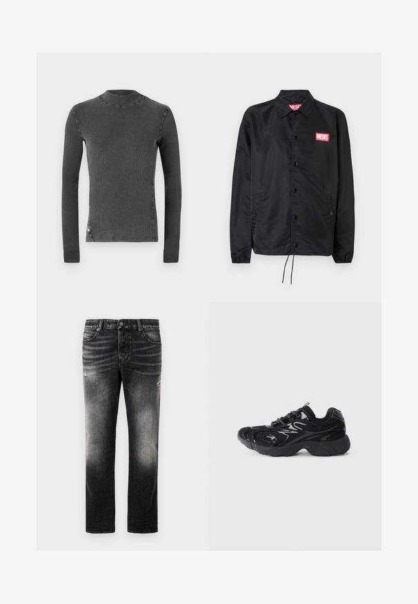 Juoda striukė, pagaminta iš lygaus, lengvo medžiagų, su mygtukų priekyje, elastinėmis rankovėmis, šoninėmis kišenėmis ir raudonu "Diesel" logotipo ženkleliu.; Pilkas ilgomis rankovėmis marškinėliai su aukštu kaklu. Pagaminti iš raukšlėto audinio su matomais siūlėmis aplink siūles. Paprastas dizainas, be raštų.; Juodi džinsai su išblukusiu pabaiga ir nusidėvėję akcentai, standartinis penkių kišenių dizainas ir užtrauktuko uždarymas. Pagaminti iš džinsinio audinio.; Juodi sportiniai batai su tinkline medžiaga ir sintetiniais akcentais, apvaliu pirštu, tekstūruotu padu ir prieštaringais blizgiais akcentais viršuje.