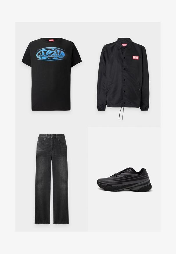 Melnā jaka no gludas, vieglas materiāla, ar pogu aizdari, elastīgām piedurknēm, sānu kabatām un sarkanu Diesel logo uzšuvumu.; Melnā īsās piedurkņu krekls, kas izgatavots no kokvilnas, ar zilu grafisko logo dizainu un tekstu "www.diesel.com" uz priekšpuses.; Melni taisni denim džinsi ar piecām kabatām, jostu cilpām un viegli izbalējušu audumu, kas piešķir struktūru.; Melnas skriešanas kurpes ar teksturētu virsu, kurai ir pelēkas svītras. Biezs zole nodrošina amortizāciju, apaļa purngalu un plakanas šņorītes, lai nodrošinātu drošu piegulšanu.