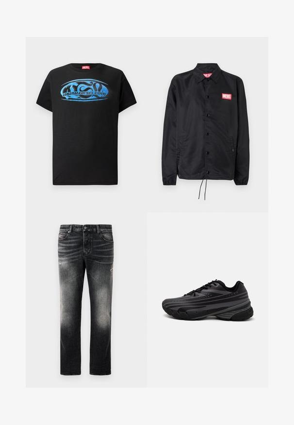 Černá bunda z hladkého, lehkého materiálu, s knoflíkovou přední částí, elastickými manžetami, bočními kapsami a červenou nášivkou Diesel logo.; Černé tričko s krátkým rukávem vyrobené z bavlny, s modrým grafickým logem a textem "www.diesel.com" na přední straně.; Černé džíny s vybledlým vzhledem a odřenými detaily, standardní design s pěti kapsami a zipovým zapínáním. Vyrobeny z džínové látky.; Černá běžecká bota s texturovaným svrškem zdobeným šedými pruhy. Silná podešev pro odpružení, kulatá špička a ploché tkaničky pro bezpečné uchycení.