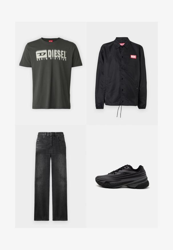 Zwarte jack van soepel, lichtgewicht materiaal, met een knoopsluiting, elastische manchetten, zijzakken en een rood Diesel logo patch.; Donkergrijze katoenen T-shirt met een witte grafische tekst "DIESEL" met een vervaagd effect. Ronde hals, korte mouwen en een regular fit.; Zwarte rechte jeans van denim, met vijf zakken, riemlussen en subtiele vervaging op de stof voor textuur.; Zwarte hardloopschoen met een gestructureerde bovenkant met grijze strepen. Dikke zool voor demping, ronde neus en platte veters voor een veilige pasvorm.