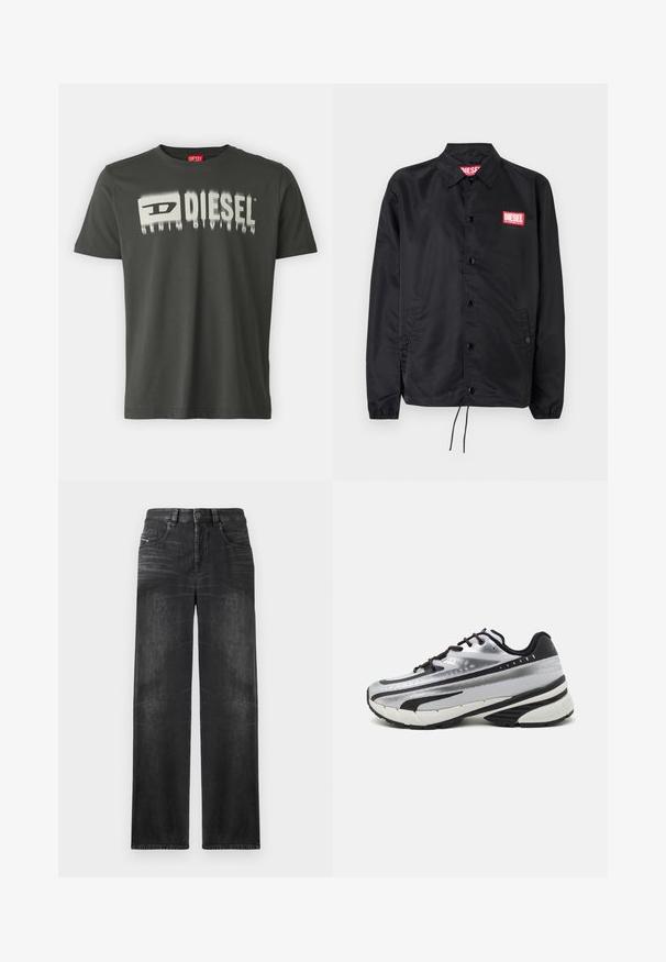 Chaqueta negra hecha de un material suave y ligero, con cierre de botones en el frente, puños elásticos, bolsillos laterales y un parche con el logo rojo de Diesel.; Camiseta de algodón gris oscuro con un gráfico blanco que dice "DIESEL" con un efecto desenfocado. Cuello redondo, manga corta y corte regular.; Vaqueros negros de pierna recta hechos de denim, con cinco bolsillos, trabillas para cinturón y un ligero desgaste en la tela para darle textura.; Zapatilla de running con parte superior de malla plateada, acentos negros y suela blanca. Presenta un diseño texturizado y cordones negros. Ligera y acolchada.