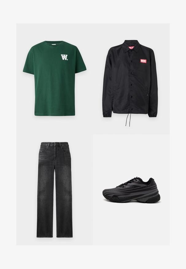 Chaqueta negra hecha de un material suave y ligero, con cierre de botones en el frente, puños elásticos, bolsillos laterales y un parche con el logo rojo de Diesel.; Camiseta de algodón verde con cuello redondo y mangas cortas, con un logotipo blanco de "W" en el lado izquierdo del pecho. Diseño liso, sin patrones.; Vaqueros negros de pierna recta hechos de denim, con cinco bolsillos, trabillas para cinturón y un ligero desgaste en la tela para darle textura.; Zapatilla de running negra con parte superior texturizada que presenta franjas grises. Suela gruesa para amortiguación, puntera redonda y cordones planos para un ajuste seguro.