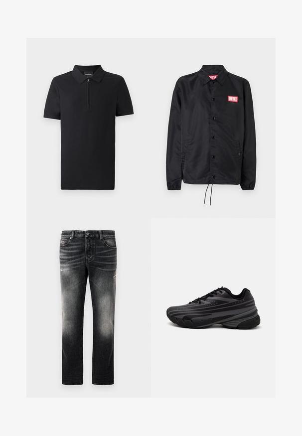 Jaqueta preta feita de material suave e leve, com fecho de botão na frente, punhos elásticos, bolsos laterais e um patch do logótipo vermelho da Diesel.; Pólo preto de manga curta com colarinho com fecho éclair, feito de um tecido suave, com um design clássico e um corte ajustado.; Calças jeans pretas com acabamento desbotado e detalhes desgastados, design padrão de cinco bolsos e fecho com zip. Feitas de tecido denim.; Shoe de corrida preta com um cabedal texturizado apresentando riscas cinzentas. Sola grossa para amortecimento, bico redondo e atacadores planos para um ajuste seguro.