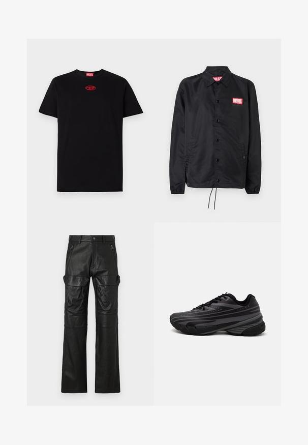Jaqueta preta feita de material suave e leve, com fecho de botão na frente, punhos elásticos, bolsos laterais e um patch do logótipo vermelho da Diesel.; T-shirt de algodão preto com decote redondo e mangas curtas. Logótipo bordado em vermelho ao centro. Tecido suave com um corte padrão.; Calças de couro pretas com um design de perna reta, apresentando dois bolsos frontais com fecho e grandes bolsos laterais para armazenamento adicional.; Shoe de corrida preta com um cabedal texturizado apresentando riscas cinzentas. Sola grossa para amortecimento, bico redondo e atacadores planos para um ajuste seguro.