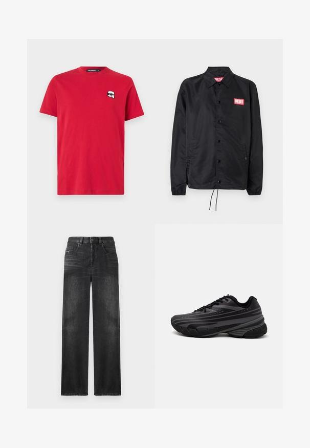 Black jacket made of smooth, lightweight material, featuring a button front, elastic cuffs, side pockets, and a red Diesel logo patch.; Red cotton T-shirt with a crew neck, featuring a small black and white cartoon face logo on the left chest. Short sleeves, regular fit.; Black straight-leg jeans made of denim, featuring five pockets, belt loops, and subtle fading on the fabric for texture.; Black running shoe with a textured upper featuring gray stripes. Thick sole for cushioning, round toe, and flat laces for secure fit.