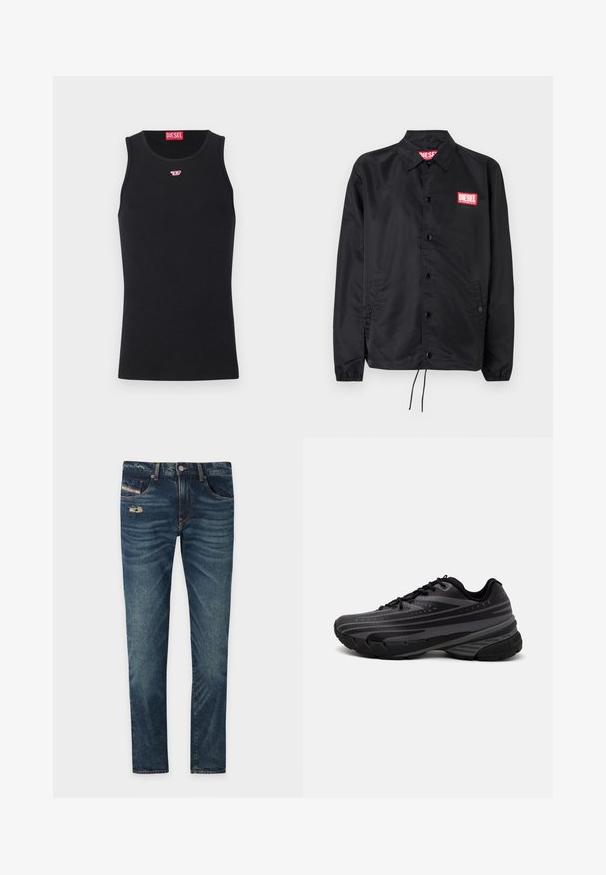 Jaqueta preta feita de material suave e leve, com fecho de botão na frente, punhos elásticos, bolsos laterais e um patch do logótipo vermelho da Diesel.; Camisola preta sem mangas feita de tecido suave, com decote redondo, aberturas para os braços e um pequeno logótipo vermelho no peito. Design simples.; Jeans de denim azul escuro com um acabamento ligeiramente desbotado, apresentando um detalhe desgastado na frente e cinco bolsos, incluindo um pequeno bolso para moedas.; Shoe de corrida preta com um cabedal texturizado apresentando riscas cinzentas. Sola grossa para amortecimento, bico redondo e atacadores planos para um ajuste seguro.